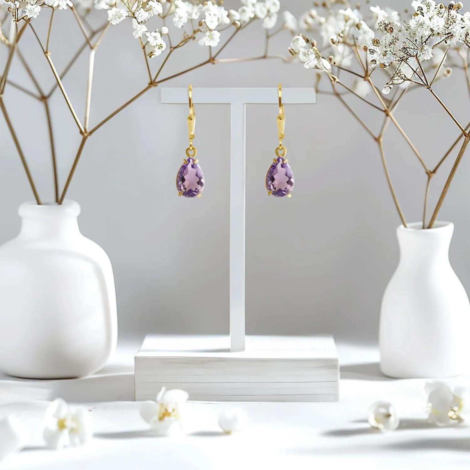 14K Gold Plated Amethyst Teardrop Earrings for Women ??February Birthstone Jewelry ??Dainty Leverback Earrings in Gold Over 925 Sterling Silver ??Elegant Gift for Women
