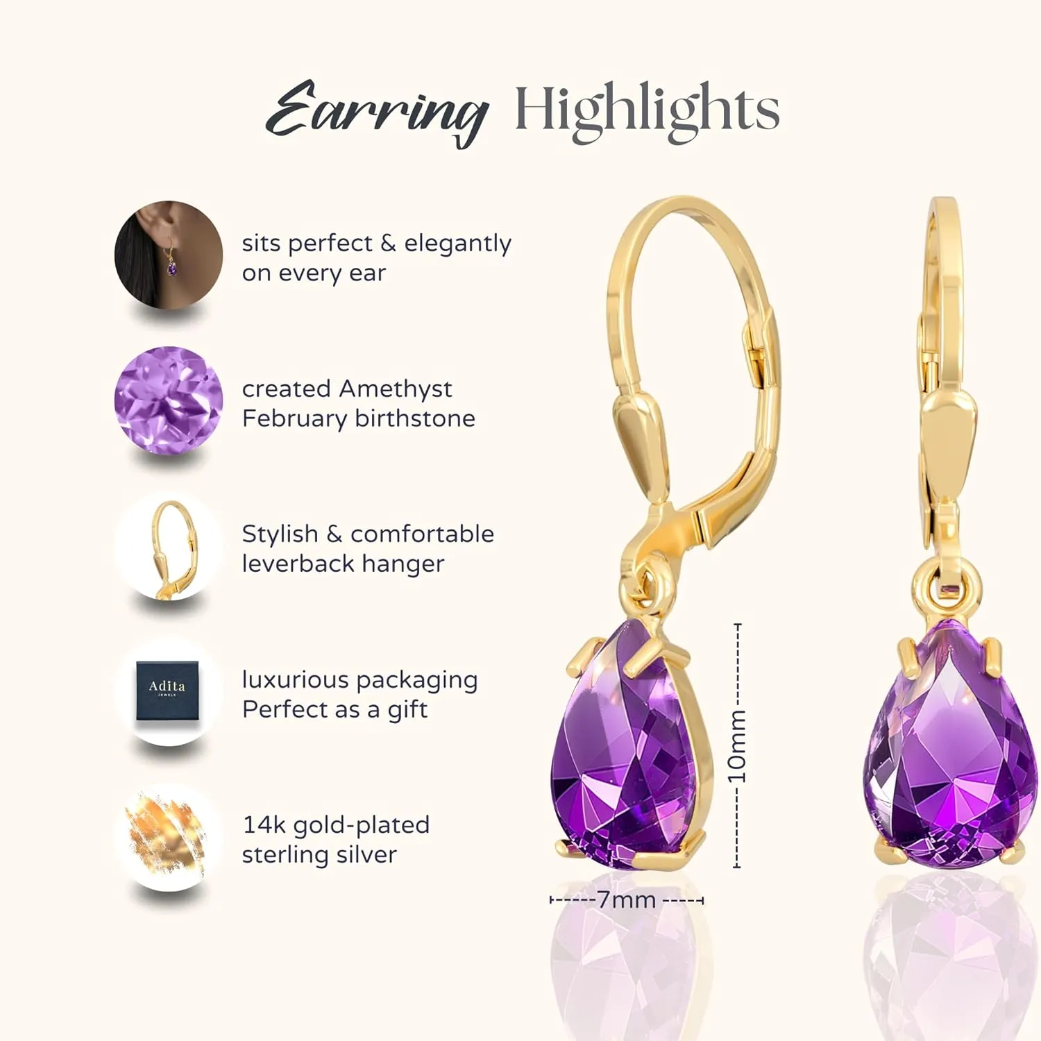 14K Gold Plated Amethyst Teardrop Earrings for Women ??February Birthstone Jewelry ??Dainty Leverback Earrings in Gold Over 925 Sterling Silver ??Elegant Gift for Women