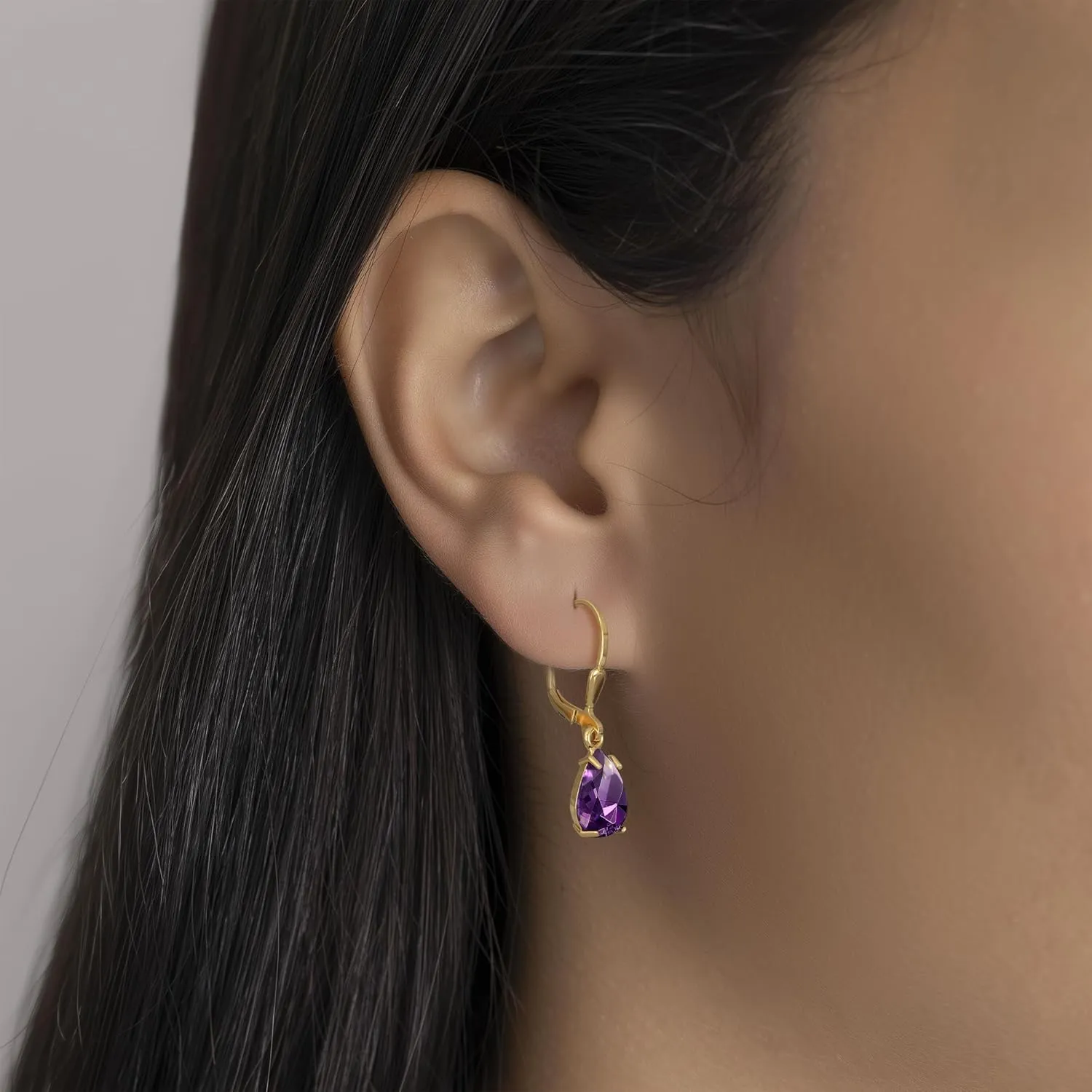 14K Gold Plated Amethyst Teardrop Earrings for Women ??February Birthstone Jewelry ??Dainty Leverback Earrings in Gold Over 925 Sterling Silver ??Elegant Gift for Women