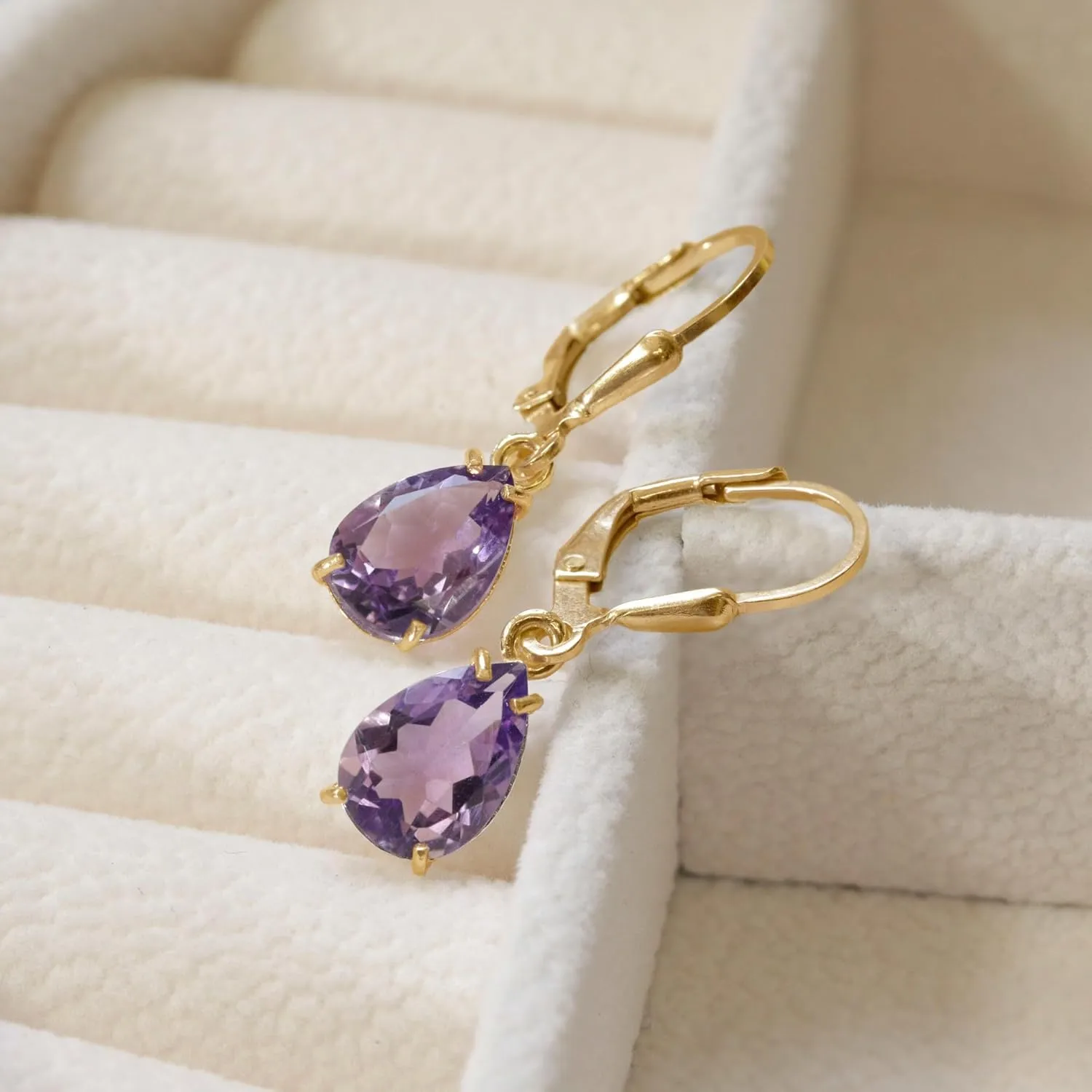14K Gold Plated Amethyst Teardrop Earrings for Women ??February Birthstone Jewelry ??Dainty Leverback Earrings in Gold Over 925 Sterling Silver ??Elegant Gift for Women
