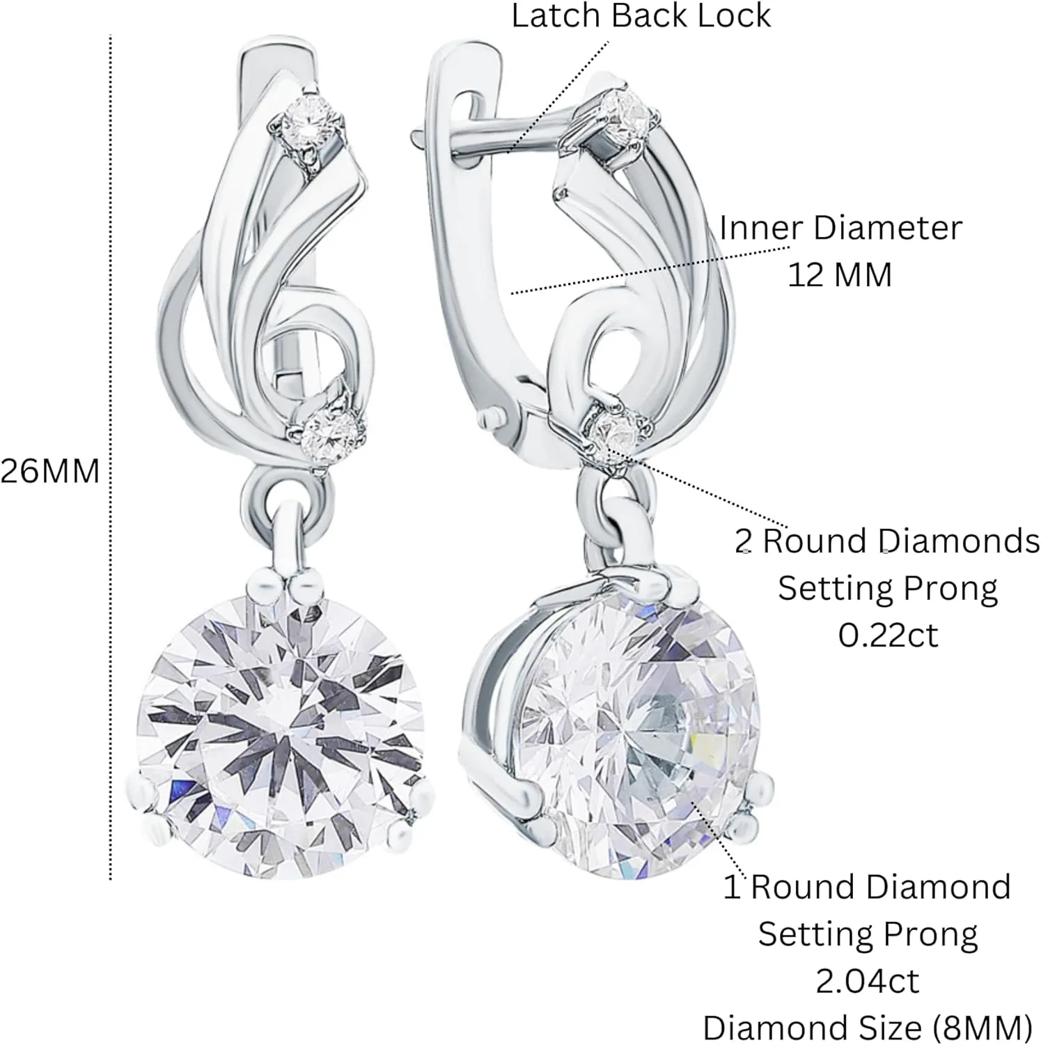 14K Gold Solitaire Drop Earrings, Round Diamond (4.52ct) Brilliant Cut Dangle Earrings, Dainty and Elegant Bridal Jewelry Gift for Women.