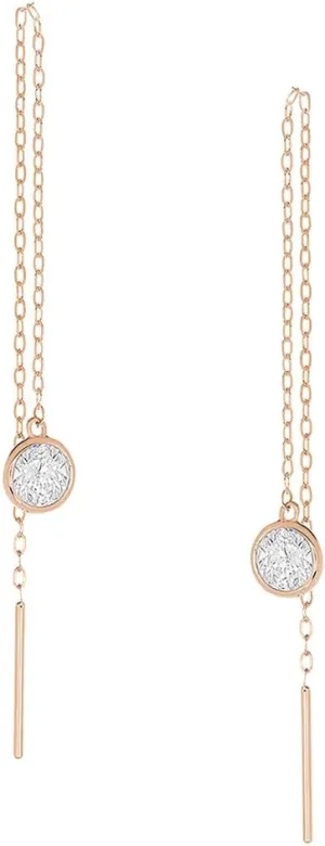 14K White Gold Or Rose Gold Chain Dangle Earrings Round CZ Bezel Threader Drop Earrings