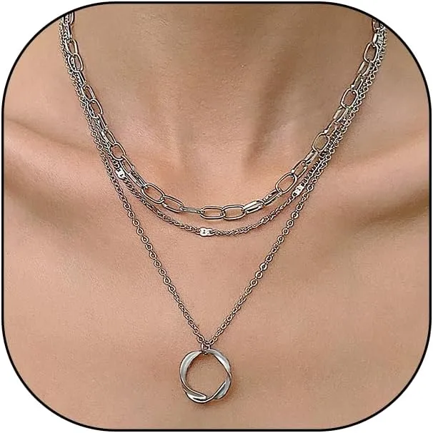 18K Gold Multi Layer Chain Choker Necklaces, Stackable Punk Hip-Hop Twisted Circle Pendant Necklaces, Exaggerated Statement Jewelry Gifts for Women Her