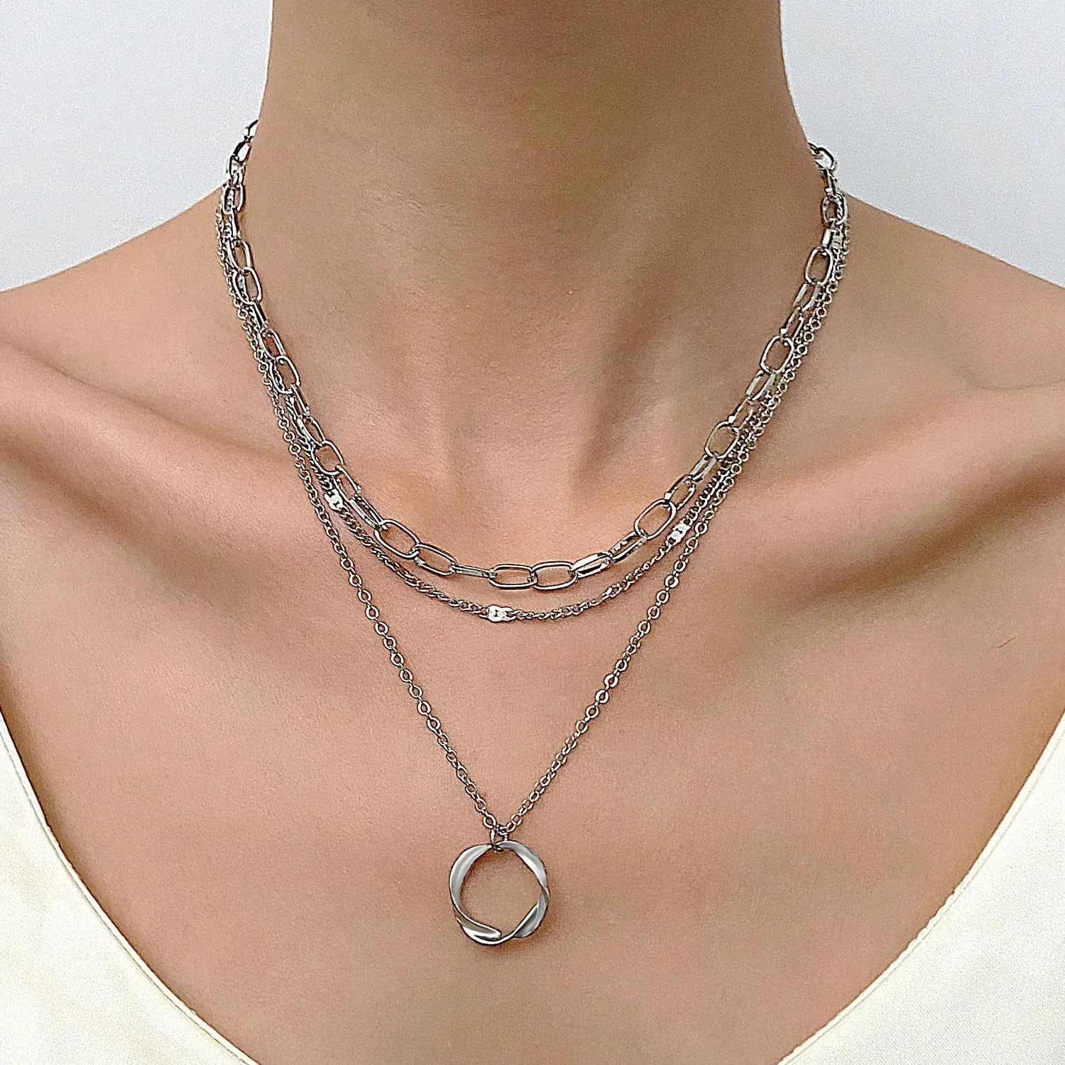 18K Gold Multi Layer Chain Choker Necklaces, Stackable Punk Hip-Hop Twisted Circle Pendant Necklaces, Exaggerated Statement Jewelry Gifts for Women Her