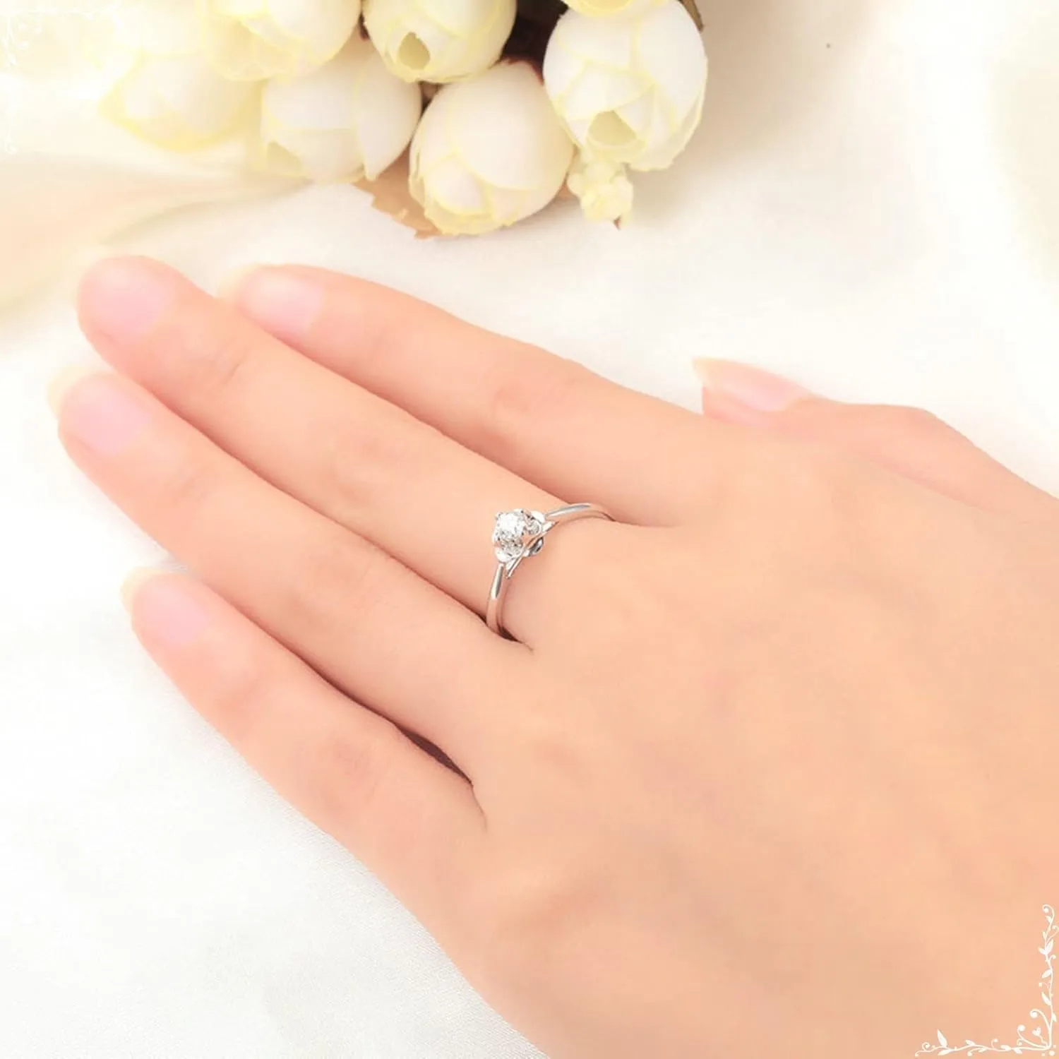18K Real White Gold 750 Promise Rings, Silver Women's Rings Jewelry, Flower 0.13ct Diamond Rings Real for Wife Size 4-11