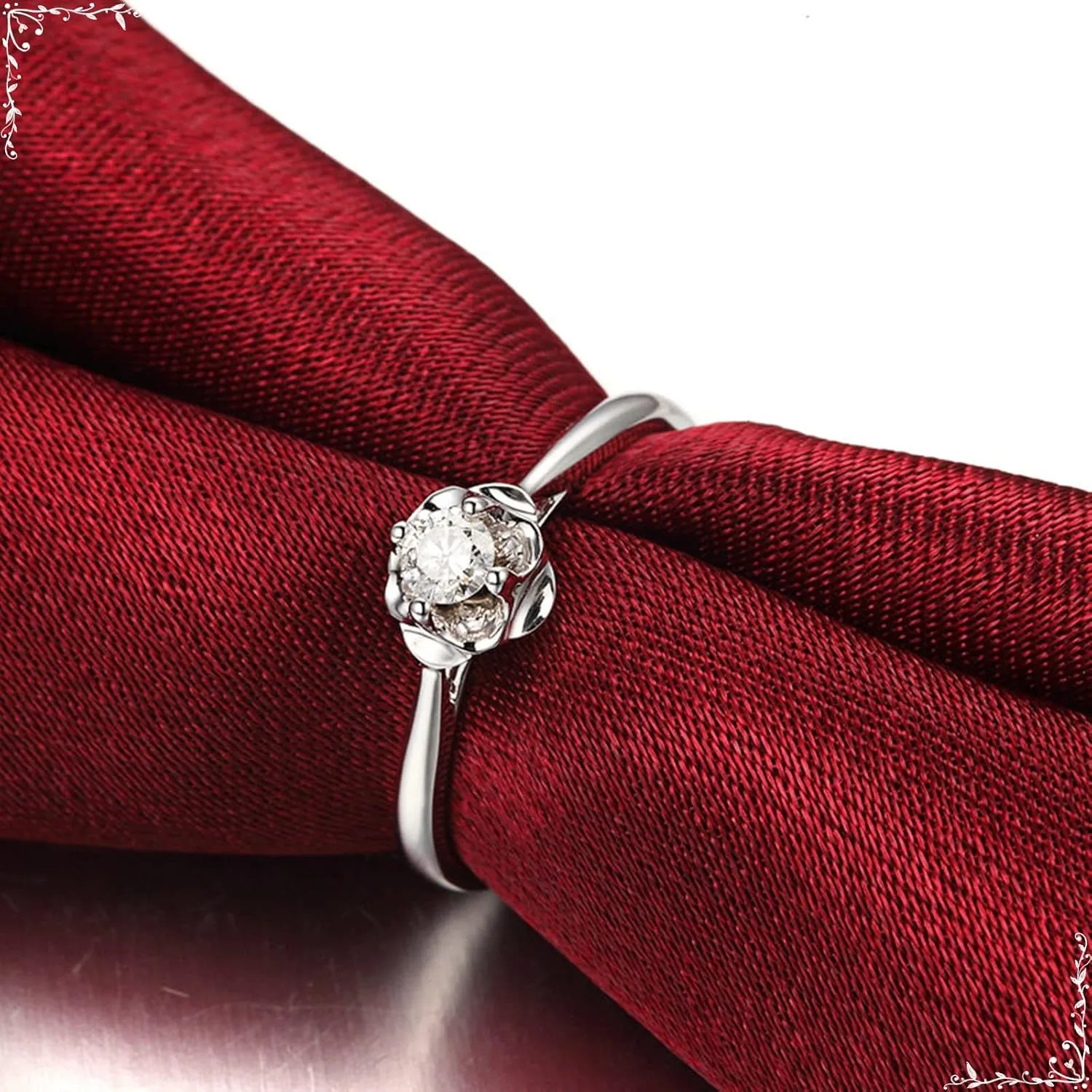 18K Real White Gold 750 Promise Rings, Silver Women's Rings Jewelry, Flower 0.13ct Diamond Rings Real for Wife Size 4-11