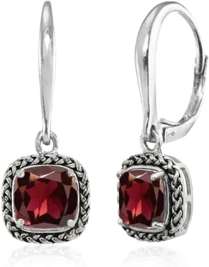 2.00 Ct Cushion Cut Red Garnet Drop & Dangle Lever Back Earrings 14K White Gold Plated