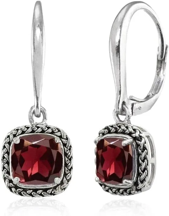 2.00 Ct Cushion Cut Red Garnet Drop & Dangle Lever Back Earrings 14K White Gold Plated