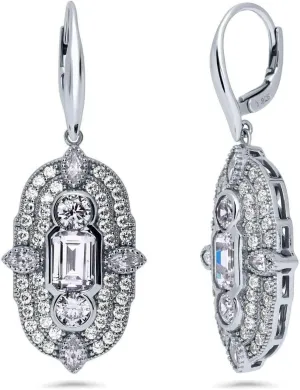 2.00 Ct Emerald & Round Cut Diamond Vintage Art Deco Drop & Dangle Earrings 14K White Gold Plated