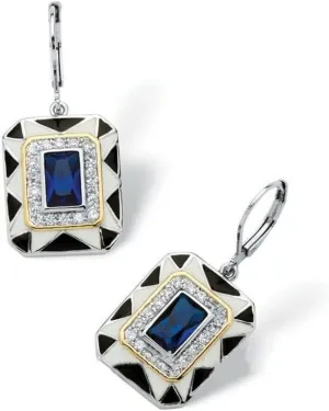 2.00 Ct Emerald Cut Lab Created Blue Sapphire & Diamond Vintage Art Deco Drop & Dangle Hook Earrings 14K White Gold Plated