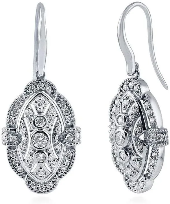 2.00 Ct Round Cut Diamond Vintage Art Deco Drop & Dangle Earrings Hook 14K White Gold Plated