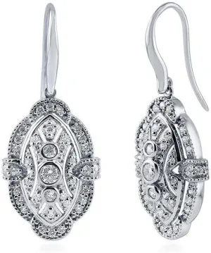 2.00 Ct Round Cut Diamond Vintage Art Deco Drop & Dangle Earrings Hook 14K White Gold Plated