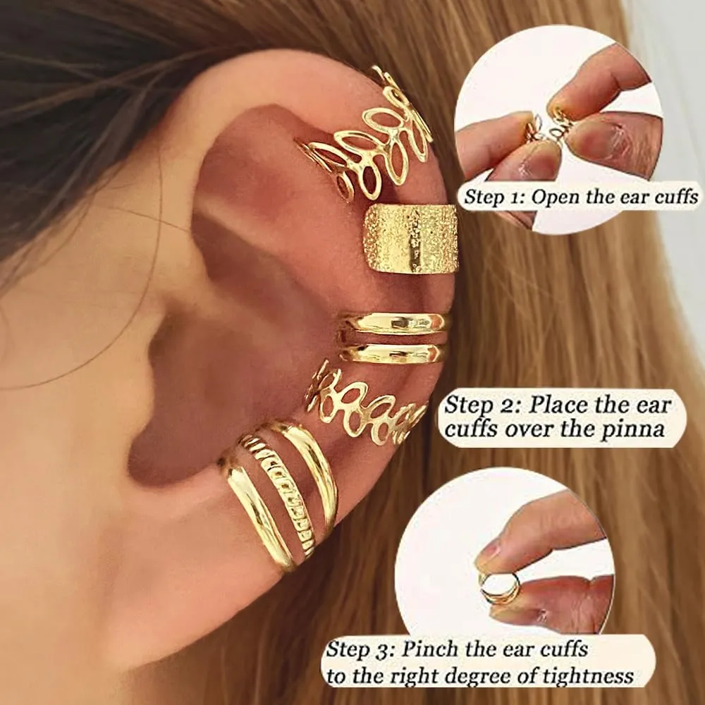22Pcs Gold Ear Cuffs Earrings for Women Non Piercing Lightweight, Adjustable Hypoallergenic Fake Clip On Cartilage Butterfly Chain Twist Helix Leaf Wrap Earrings Set, Trendy Jewelry
