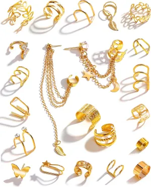 22Pcs Gold Ear Cuffs Earrings for Women Non Piercing Lightweight, Adjustable Hypoallergenic Fake Clip On Cartilage Butterfly Chain Twist Helix Leaf Wrap Earrings Set, Trendy Jewelry
