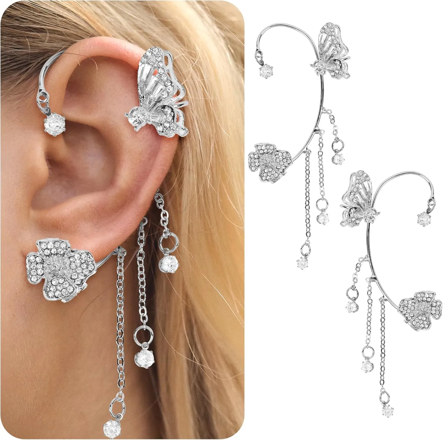 2Pcs Butterfly Ear Cuff for Women, Tassel Zircon Earrings Butterfly Ear Cuffs No Piercing Dangle, Butterfly Clip on Earrings, Tassel Style Zircon Earrings, Fairy Ear Clip Jewelry Gifts for Women