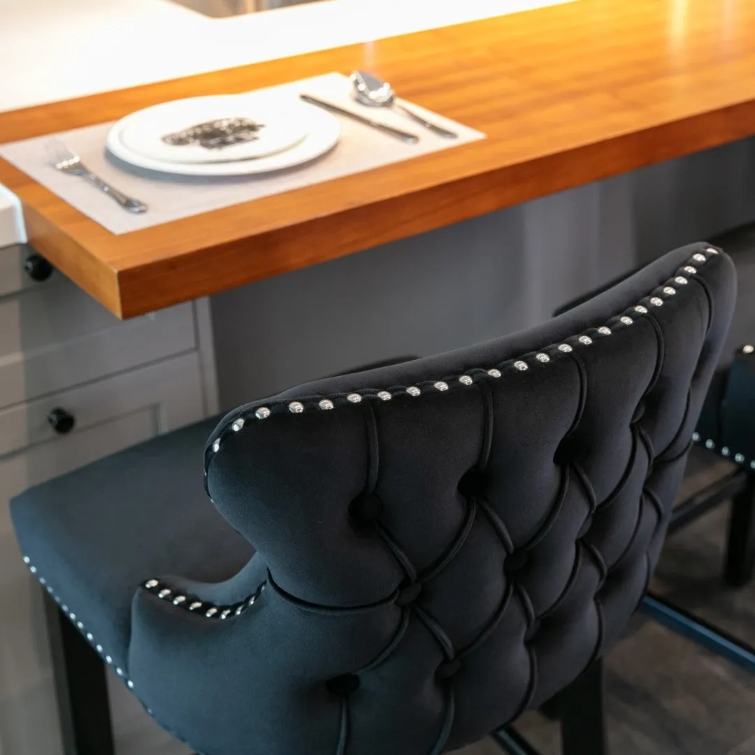 2x Velvet Upholstered Button Tufted Bar Stools | with Wood Legs and Studs | Black