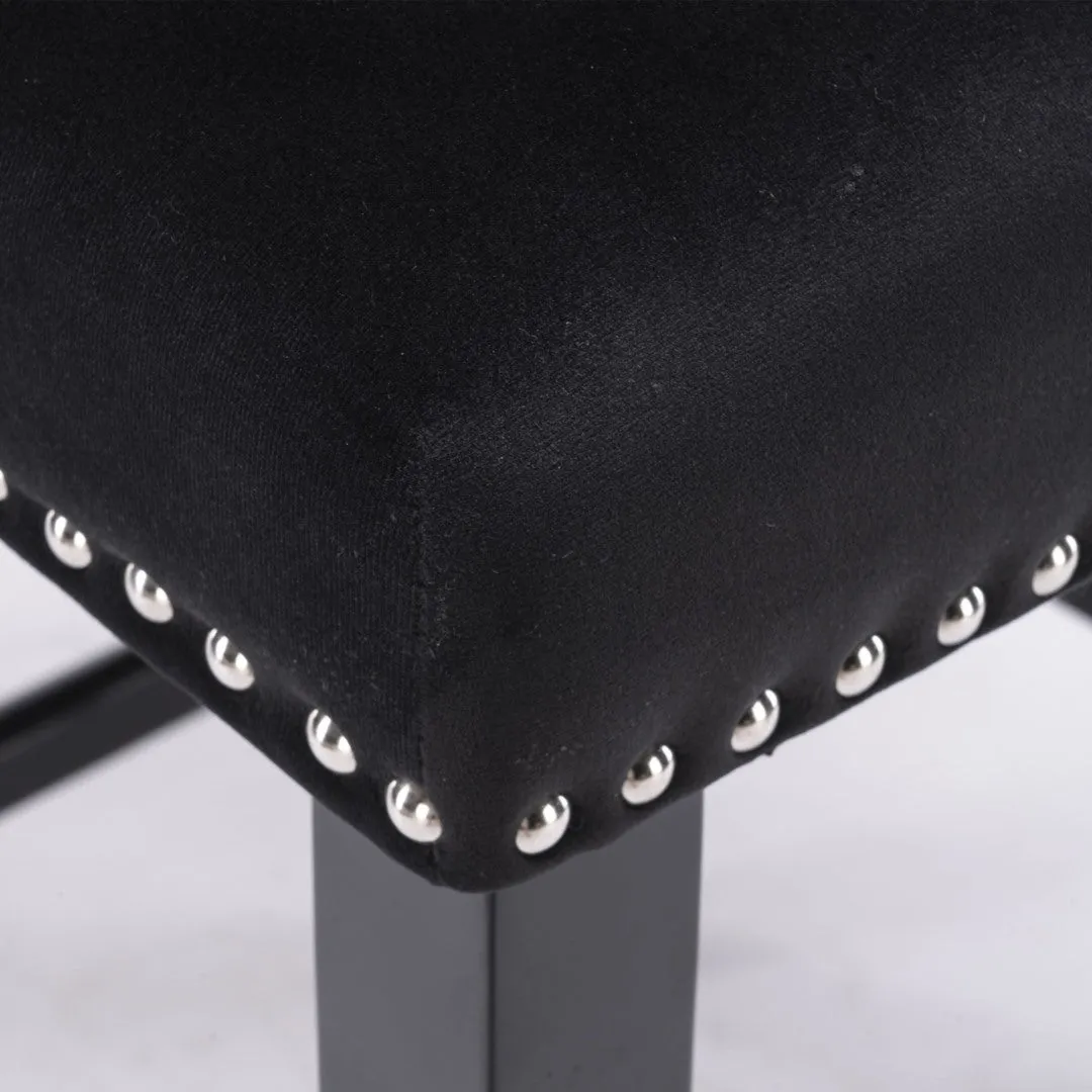 2x Velvet Upholstered Button Tufted Bar Stools | with Wood Legs and Studs | Black