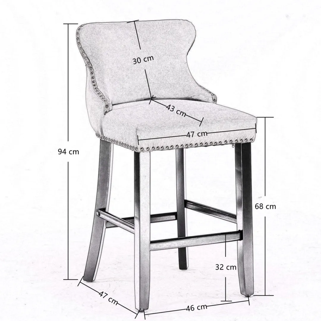 2x Velvet Upholstered Button Tufted Bar Stools | with Wood Legs and Studs | Black