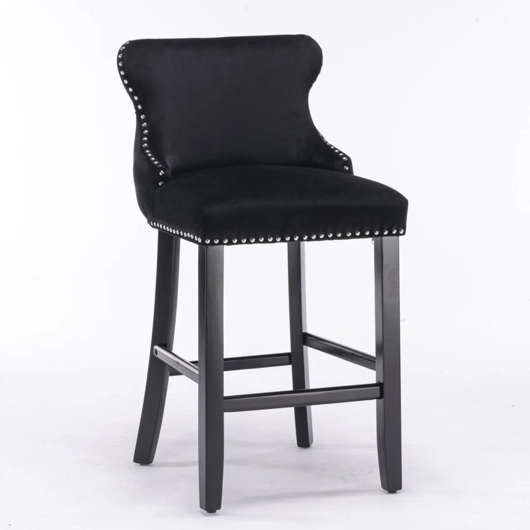 2x Velvet Upholstered Button Tufted Bar Stools | with Wood Legs and Studs | Black