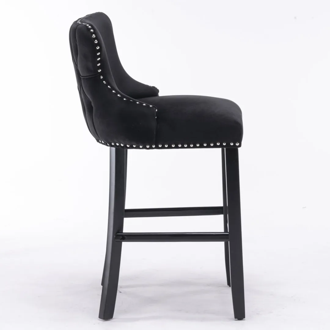 2x Velvet Upholstered Button Tufted Bar Stools | with Wood Legs and Studs | Black