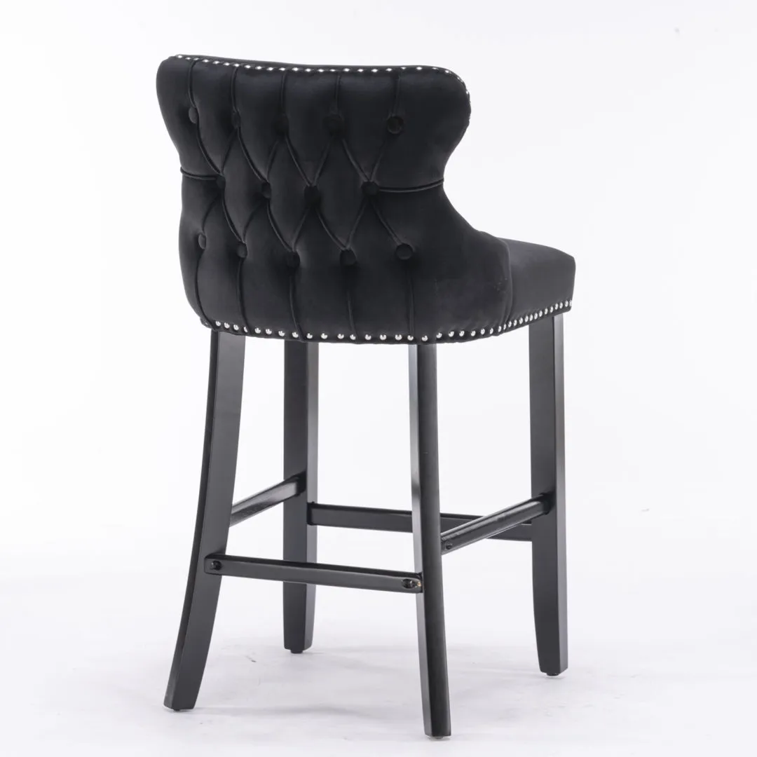 2x Velvet Upholstered Button Tufted Bar Stools | with Wood Legs and Studs | Black