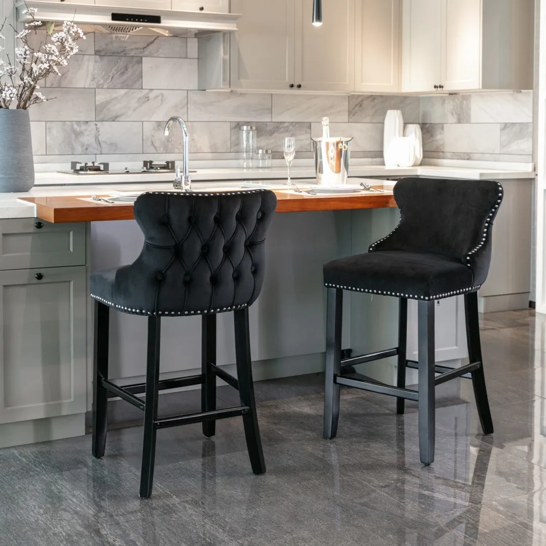 2x Velvet Upholstered Button Tufted Bar Stools | with Wood Legs and Studs | Black