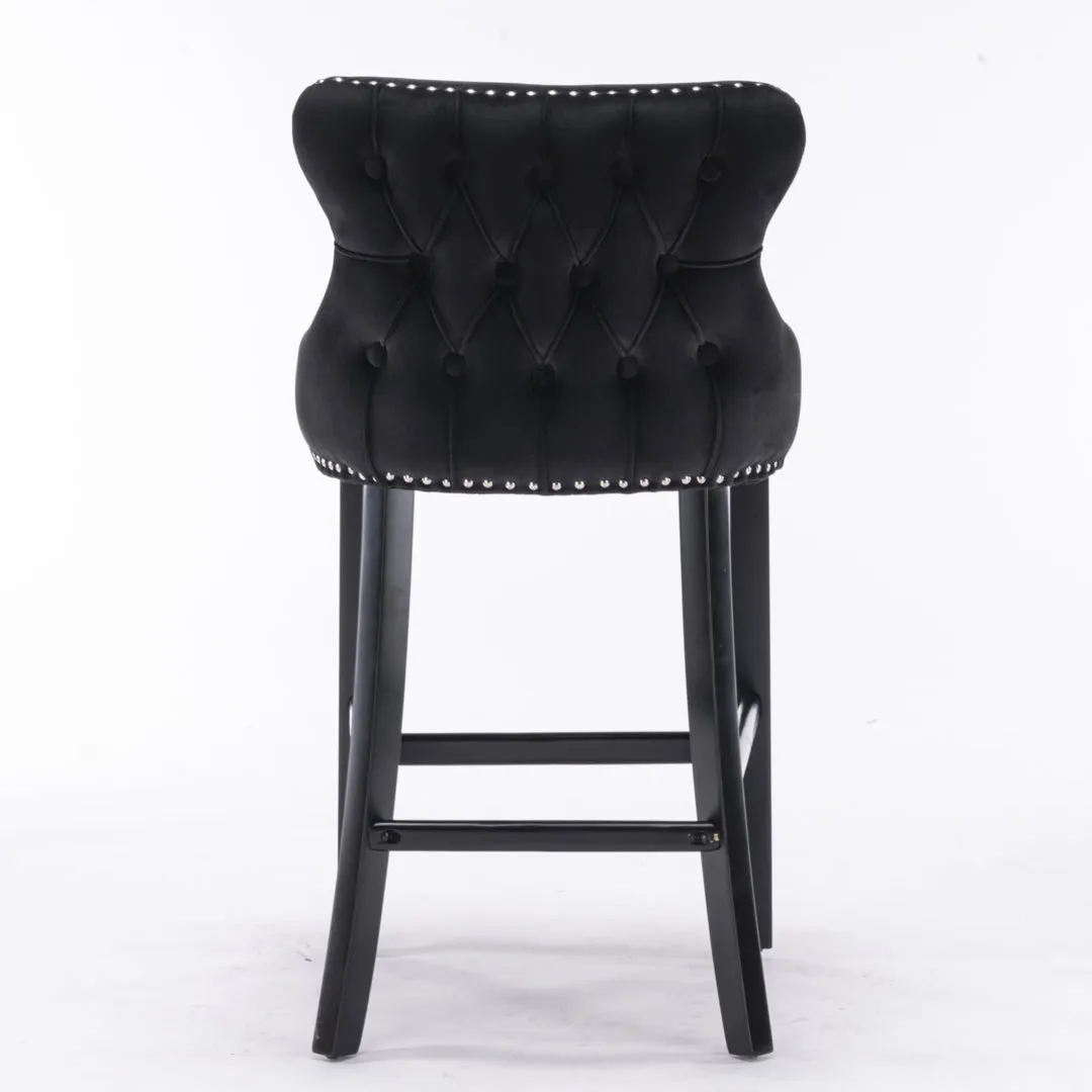 2x Velvet Upholstered Button Tufted Bar Stools | with Wood Legs and Studs | Black