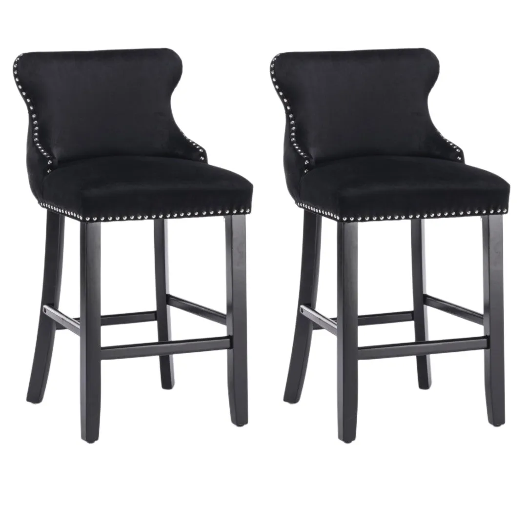 2x Velvet Upholstered Button Tufted Bar Stools | with Wood Legs and Studs | Black