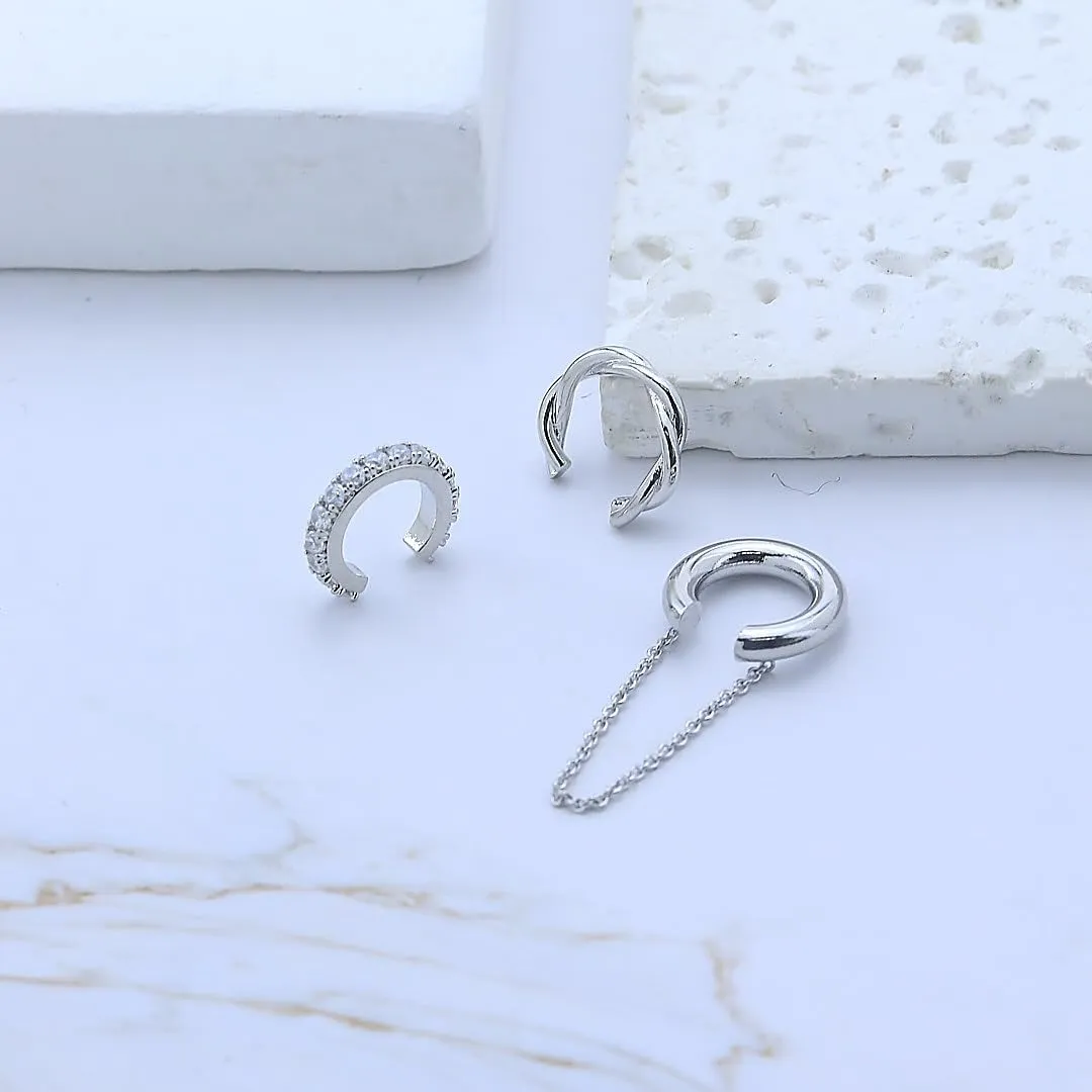 3 Pairs Ear Cuff Earrings for Women Non Piercing Ear Cuffs Gold/Silver C Cartilage Ear Clips Cubic Zirconia Hoop Huggie Ear Cuffs Non Pierced Clip On Cuff Chain Earrings