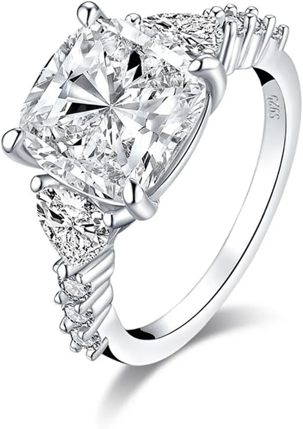 4 Carat Moissanite Diamond Ring, Engagement Rings for Women, Cushion Cut, Promise Ring, 3 Stones Wedding Band Jewelry, White Gold Plated Sterling Silver 3.5ct D Color VVS1
