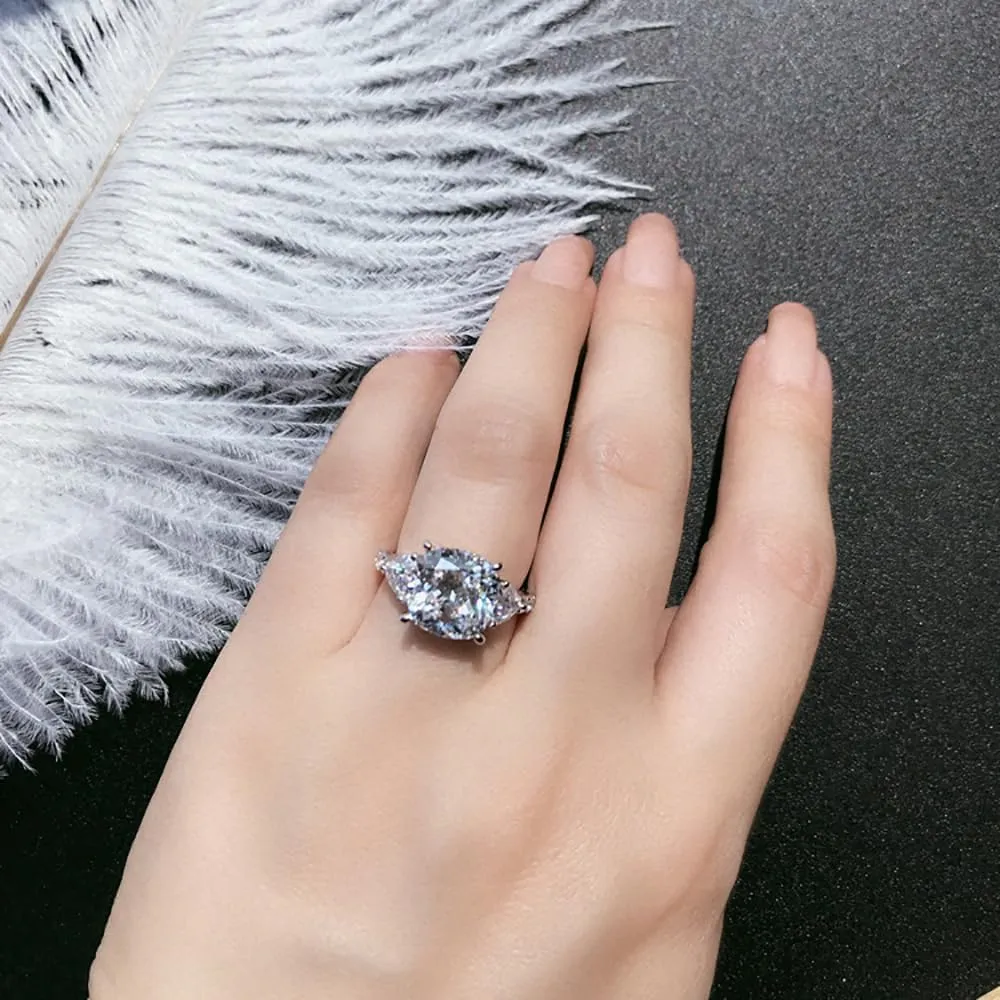 4 Carat Moissanite Diamond Ring, Engagement Rings for Women, Cushion Cut, Promise Ring, 3 Stones Wedding Band Jewelry, White Gold Plated Sterling Silver 3.5ct D Color VVS1