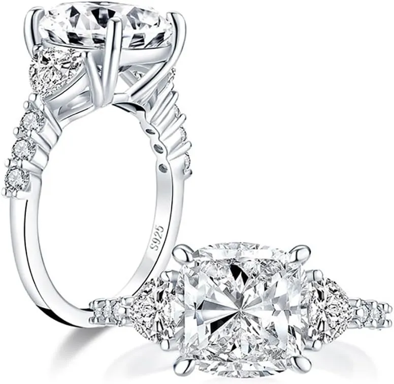 4 Carat Moissanite Diamond Ring, Engagement Rings for Women, Cushion Cut, Promise Ring, 3 Stones Wedding Band Jewelry, White Gold Plated Sterling Silver 3.5ct D Color VVS1