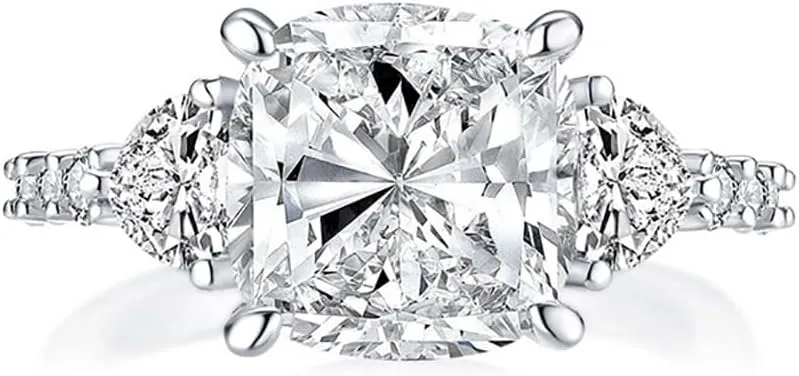 4 Carat Moissanite Diamond Ring, Engagement Rings for Women, Cushion Cut, Promise Ring, 3 Stones Wedding Band Jewelry, White Gold Plated Sterling Silver 3.5ct D Color VVS1