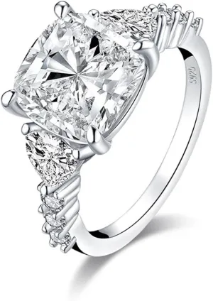 4 Carat Moissanite Diamond Ring, Engagement Rings for Women, Cushion Cut, Promise Ring, 3 Stones Wedding Band Jewelry, White Gold Plated Sterling Silver 3.5ct D Color VVS1