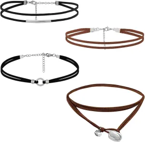4 Pcs Choker Necklace for Women, Black Leather Choker Necklaces for Woman Gothic Collar, Boho Necklaces for Women, Adjustable Brown Suede Layered Leather Necklace for Women Birthdays
