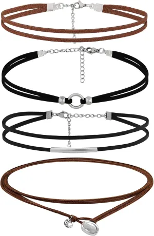 4 Pcs Necklaces Black Leather Choker Set, Classic Gothic Chokers, Boho Necklaces, Adjustable Brown Suede Layered Leather Necklace for Women Boho Summer Decor