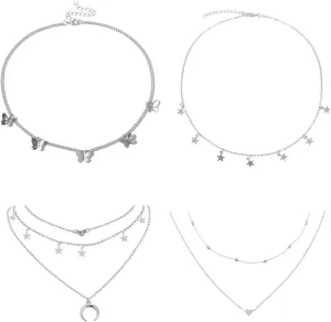 4 Sets Layered Choker Necklace Gold Butterfly Star Moon Heart Pendant Necklace Cute Vsco Multilayer Chain Choker Necklace for Women