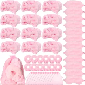 48 Pieces Spa Party Supplies 12 Pink Spa Headband 12 Plush Sleep Eye Mask 12 Pink Velvet Scrunchies 12 Organza Bags for Sleepover Slumber Party Favors Gift