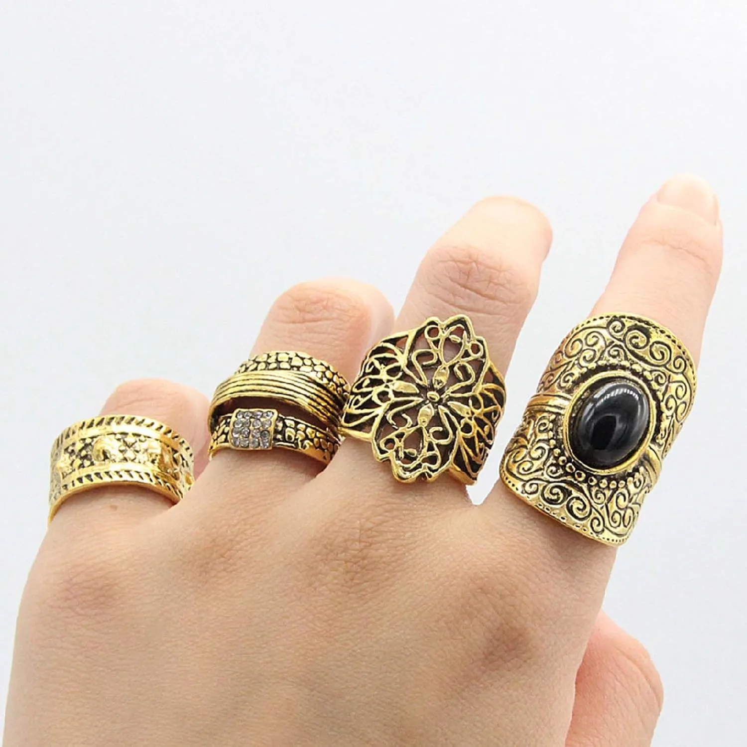 4Pcs/Set Unisex Rings Wide Ethnic Style Alloy Hollow Carved Pattern Knuckle Rings Jewelry Accessories Women Fashion Ring Jewelry Wedding Rings
