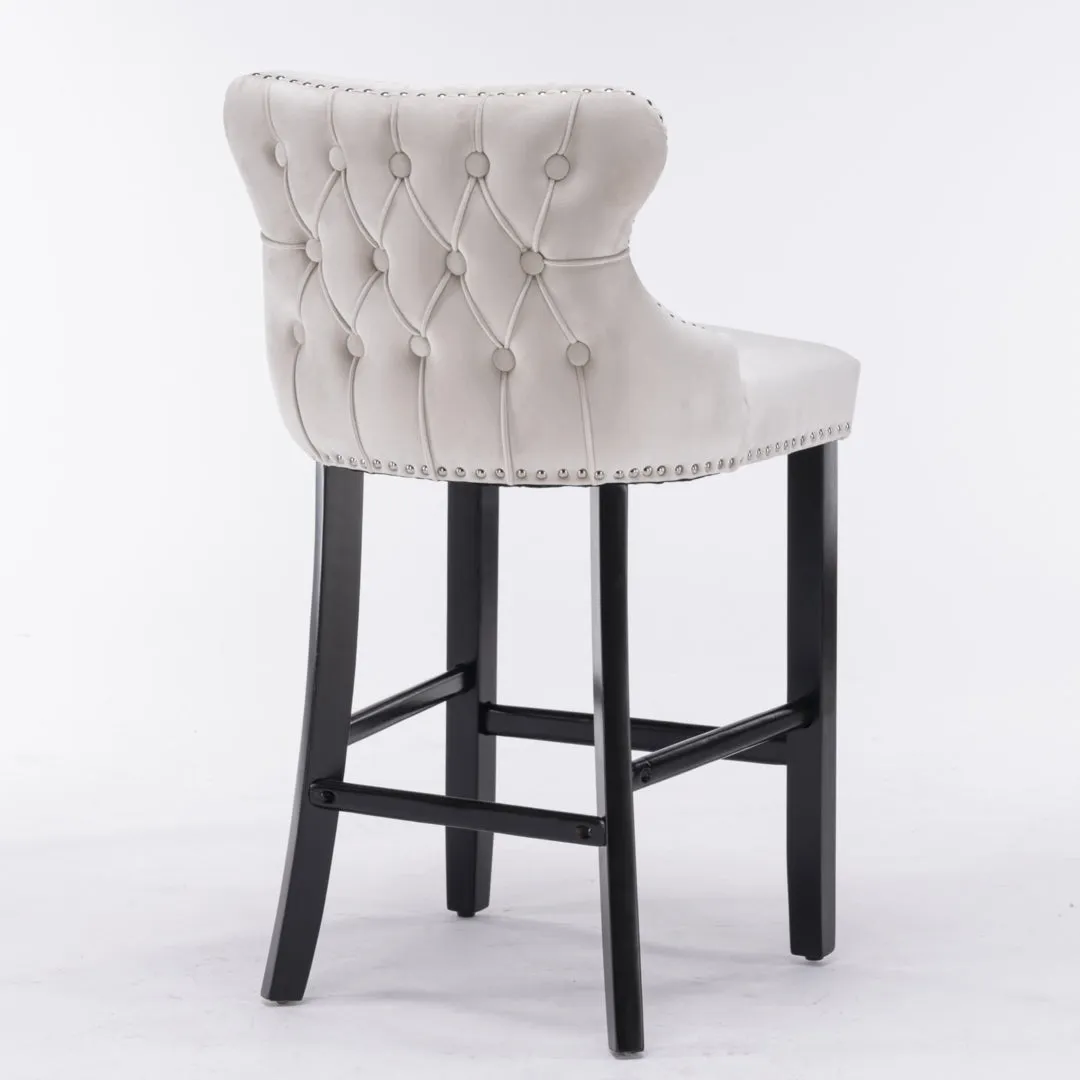 4x Velvet Upholstered Button Tufted Bar Stools | with Wood Legs and Studs | Beige