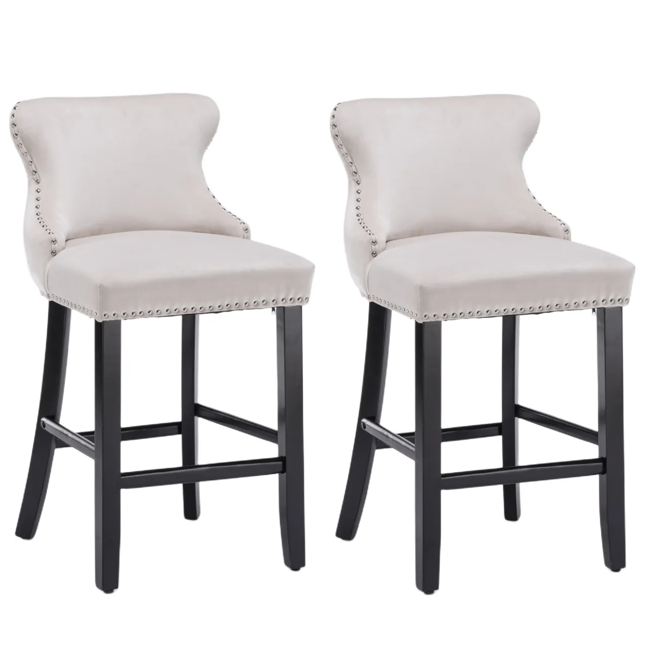 4x Velvet Upholstered Button Tufted Bar Stools | with Wood Legs and Studs | Beige