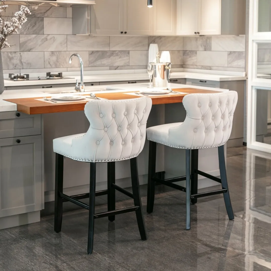 4x Velvet Upholstered Button Tufted Bar Stools | with Wood Legs and Studs | Beige