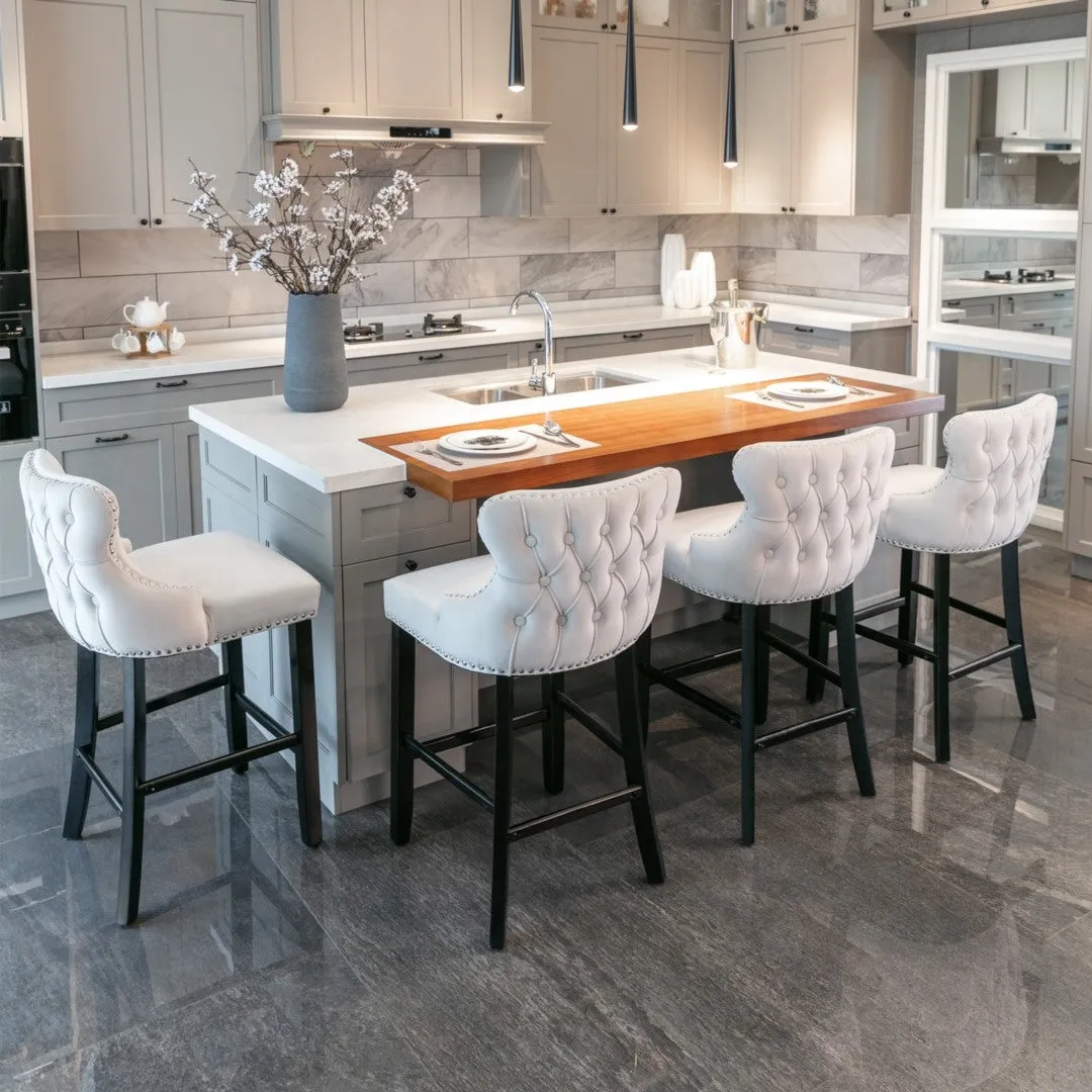 4x Velvet Upholstered Button Tufted Bar Stools | with Wood Legs and Studs | Beige