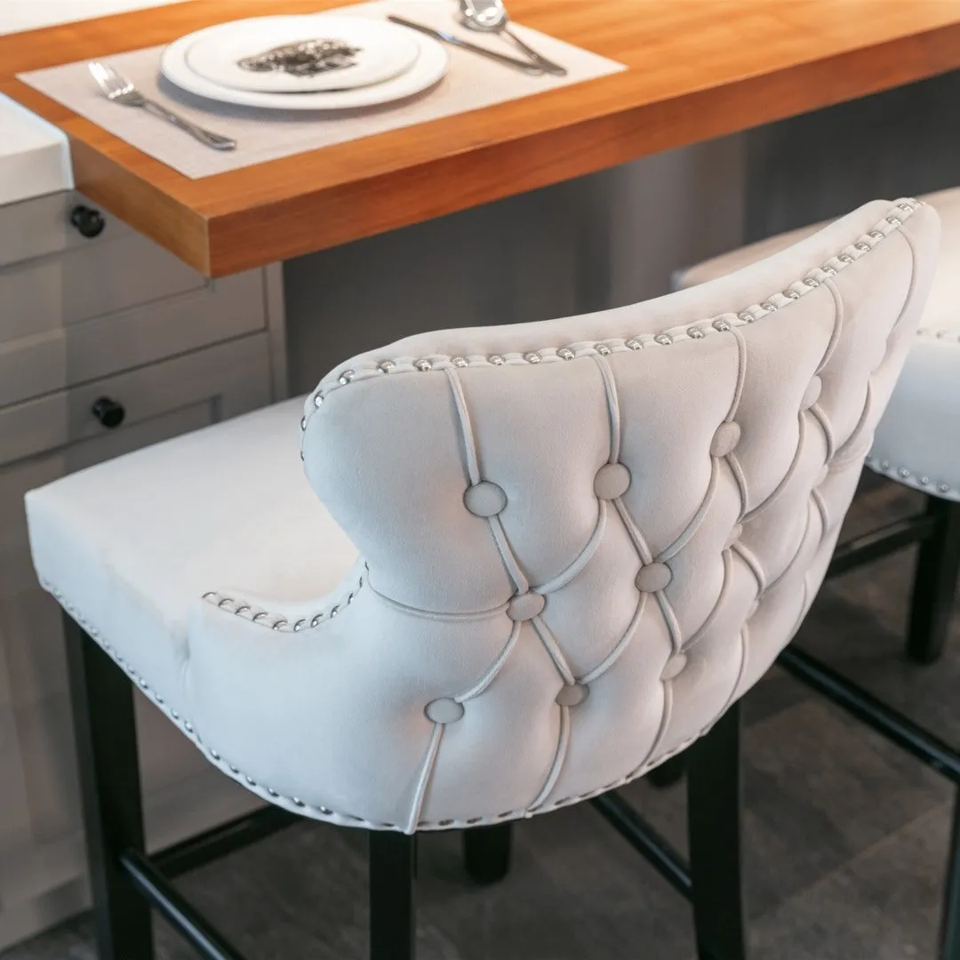 4x Velvet Upholstered Button Tufted Bar Stools | with Wood Legs and Studs | Beige