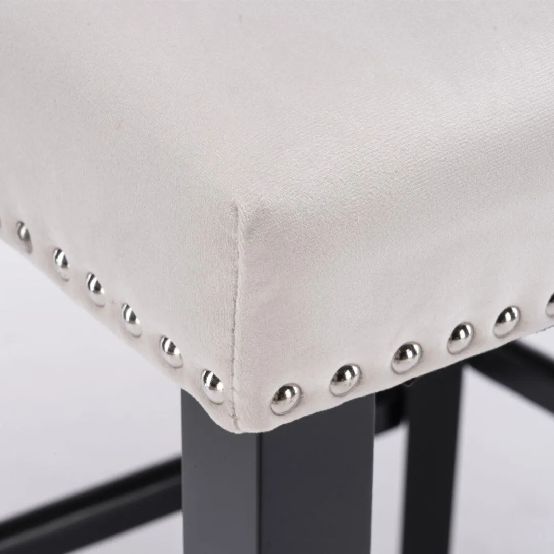 4x Velvet Upholstered Button Tufted Bar Stools | with Wood Legs and Studs | Beige
