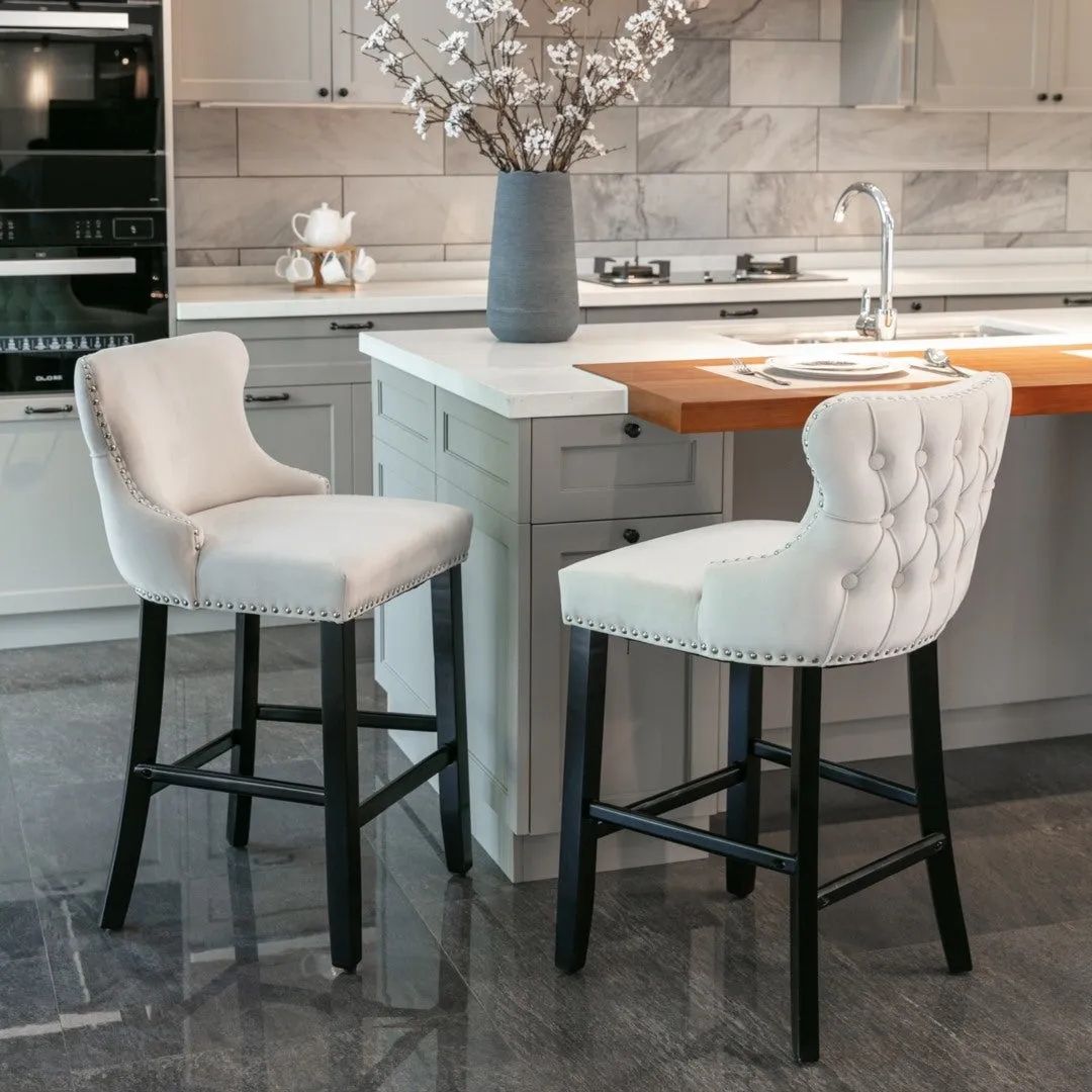 4x Velvet Upholstered Button Tufted Bar Stools | with Wood Legs and Studs | Beige