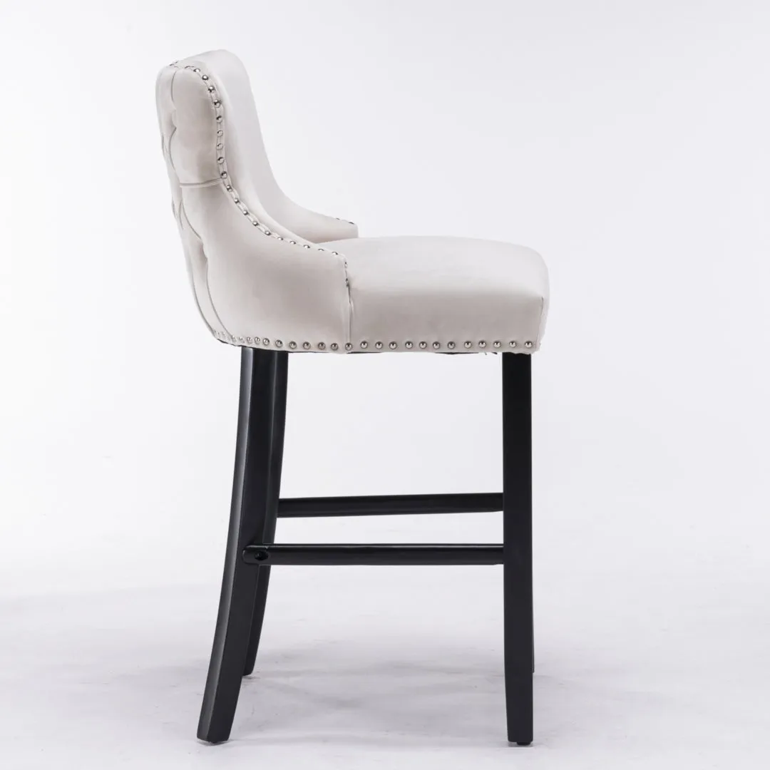 4x Velvet Upholstered Button Tufted Bar Stools | with Wood Legs and Studs | Beige
