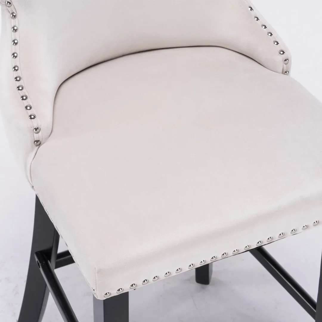 4x Velvet Upholstered Button Tufted Bar Stools | with Wood Legs and Studs | Beige