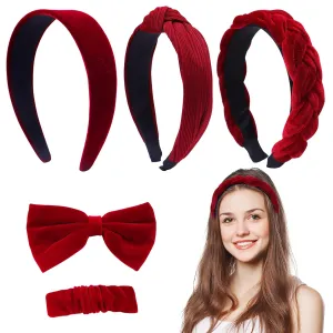 5pcs Velvet Braided Headbands - Fashion Red Knotted Wide Headbands & Bow Clip Scrunchies for Girls - Chinese New Year, Valentine's Day, Christmas