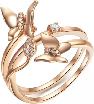 750 Real Rose Gold Bridal Rings, Rose Gold Woman's Rings, Butterfly 0.04ct Diamond Rings Vintage Fine Jewelry Gifts for Her Size 4-11